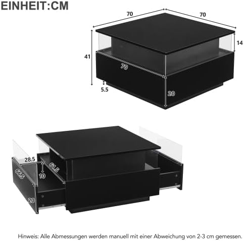 Merax Moderner Couchtisch mit LED-Beleuchtung, 70x70x41cm, Wohnzimmertisch & Beistelltisch Couch, 2