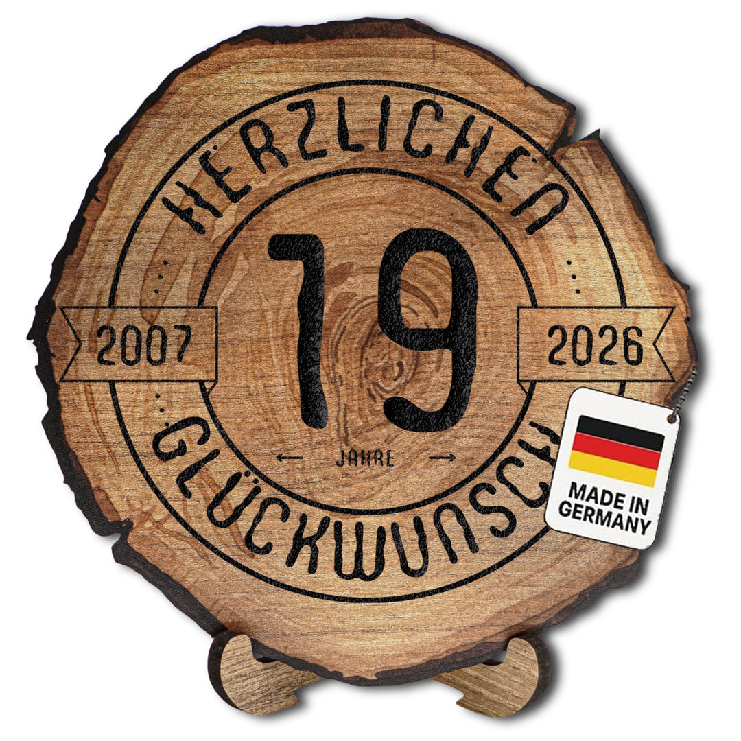 Baumscheibe mit Gravur für 19. Geburtstag – Geburtstags Geschenk aus Holz – Hochwertige Holz Geschen