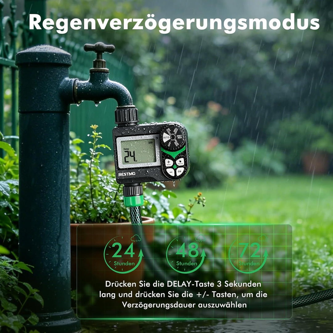 RESTMO Bewässerungscomputer mit druckverlustfreiem Kugelhahn (0-120 PSI), Intervall-Programm (2 Modi