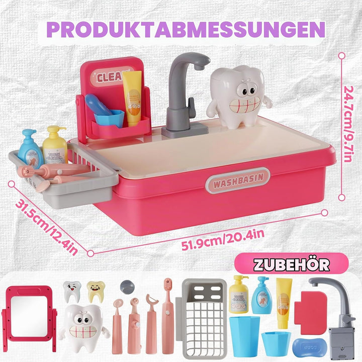 Waschbecken Kinder mit Wasserfunktion, Spielzeug Zähne, Zahnbürsten, Rosa, Rosa
