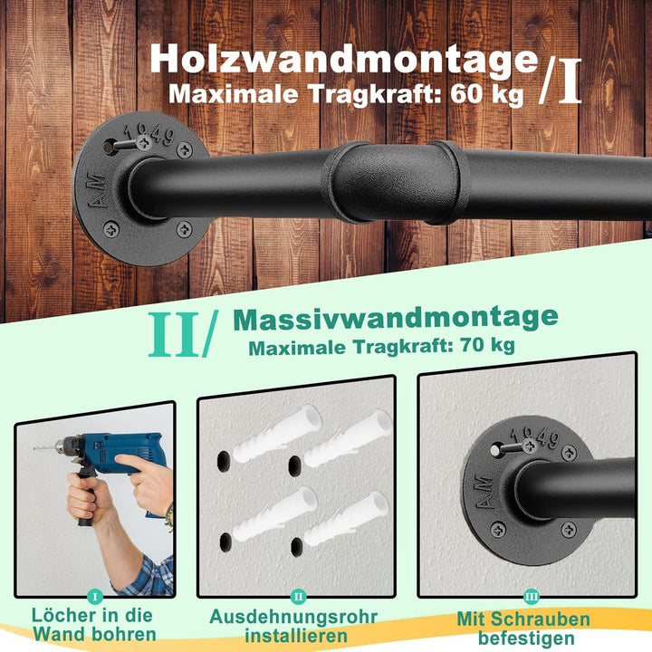 Industrielle Kleiderstange Wandmontage, Kleiderstangen für die Wand, 164cm abnehmbare Garderobenstan