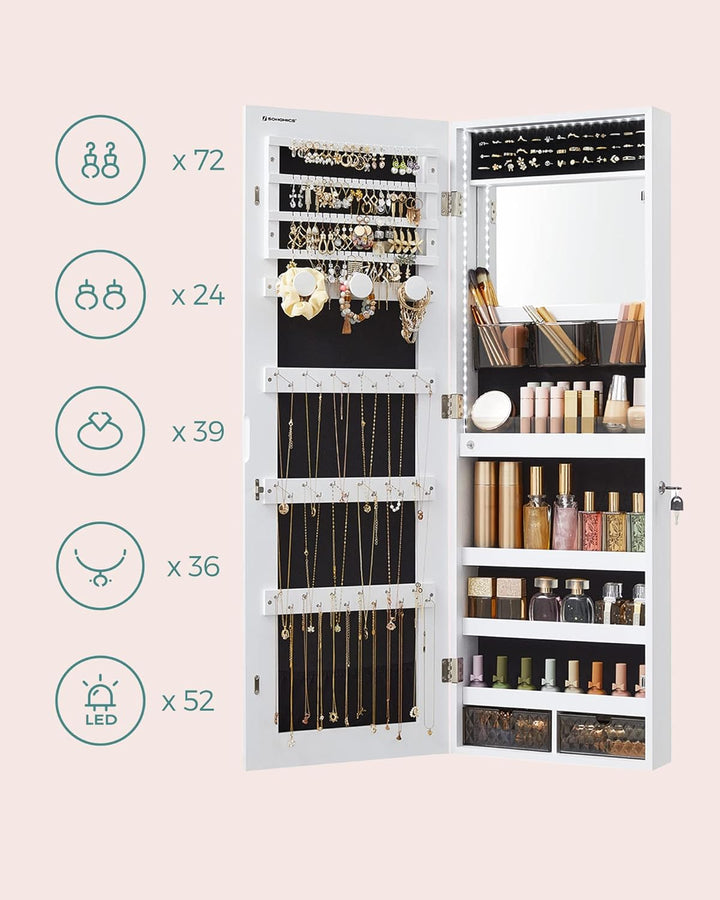 SONGMICS Schmuckschrank, Wandmontage, Organizer mit LED-Lichtern, Aufbewahrungsschrank, mit rahmenlo