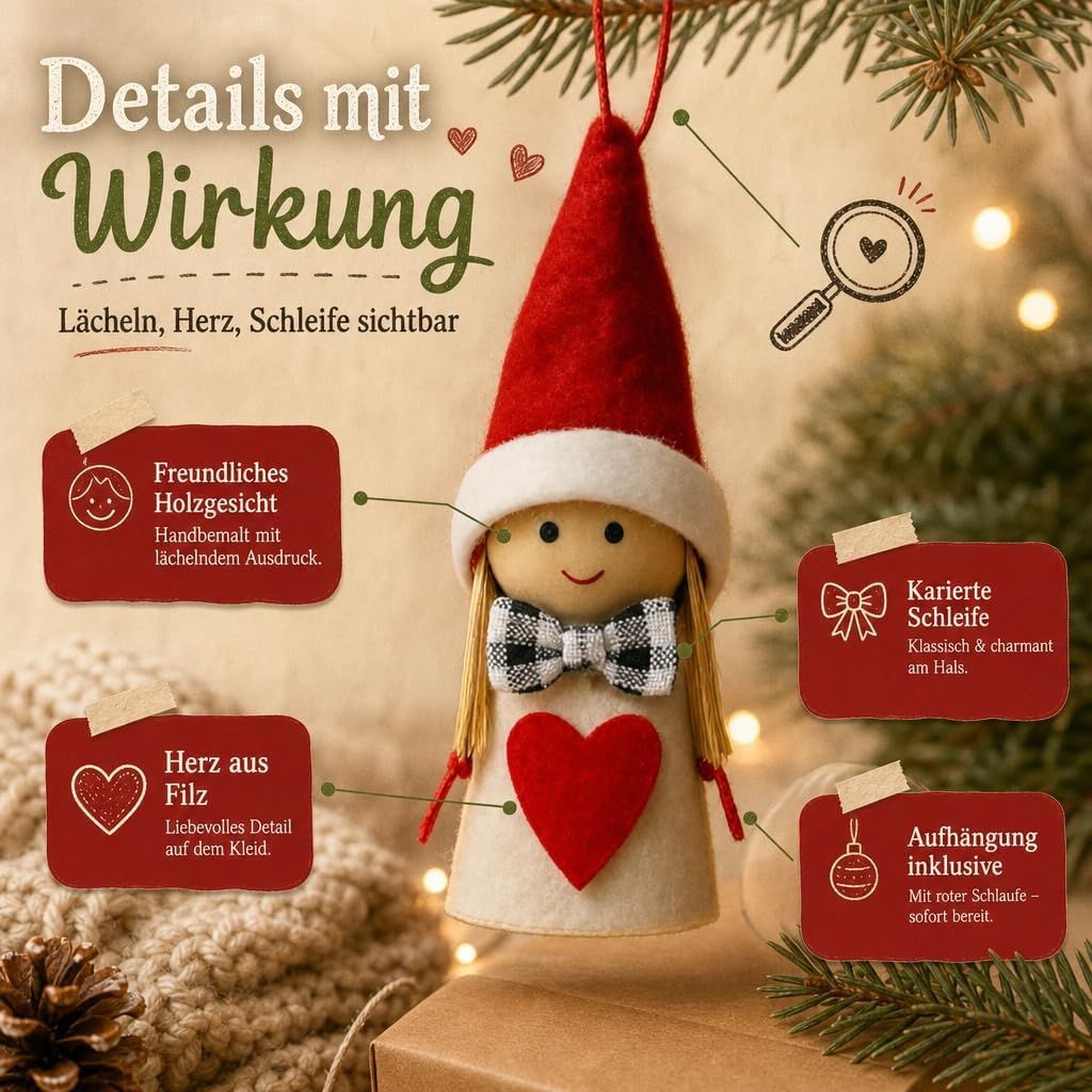 MIJOMA 12er Set Weihnachtswichtel – Handgemachter Baumschmuck aus Holz &amp; Stoff – Deko-Wichtel für Ta