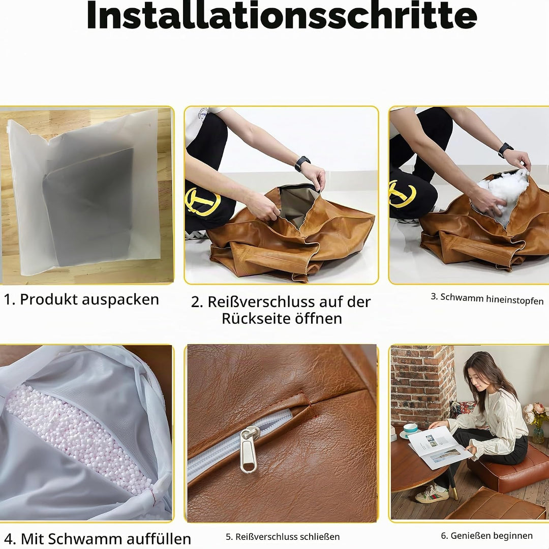 Eckiger Pouf Hocker – Ungefüllter PU Kunstleder Sitzpouf, 45x45x15 cm, DIY Füllung mit Alten Materia