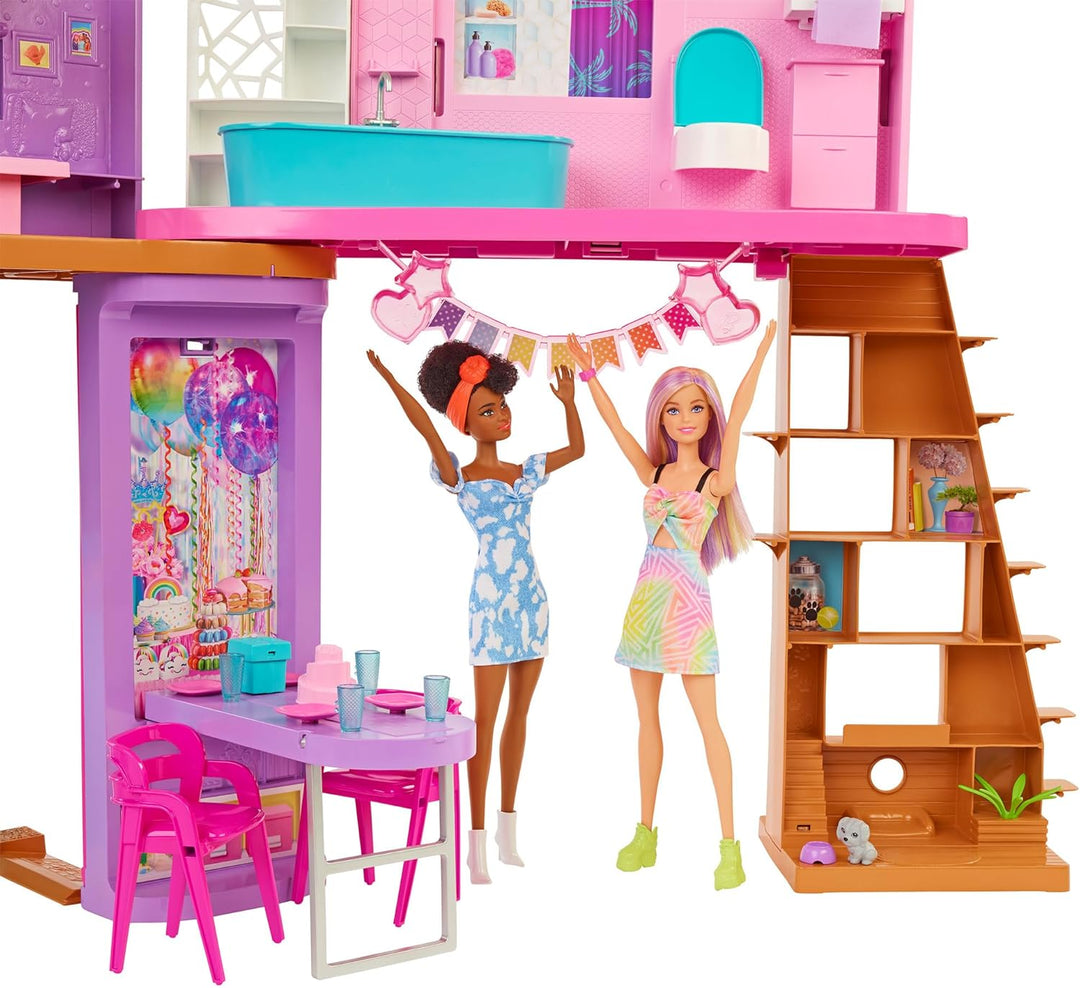 Barbie HCD50 - Malibu Ferien-Haus (klappbar), Puppenhaus mit Möbeln und diversen Zubehör-Teilen, Spi