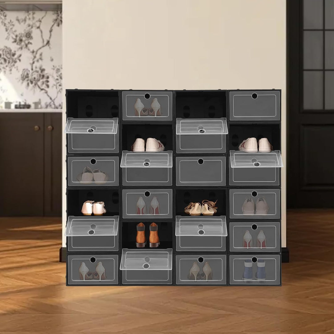 Schuhboxen Stapelbare Schuh Organizer 24 Stück mit Transparent Deckel Zusammenklappbares Schuhaufbew