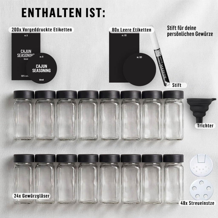 Deco haus® Gewürzgläser eckig luftdicht 24er Set [inkl. Etiketten & Streueinsatz] - Gewürzdosen Set