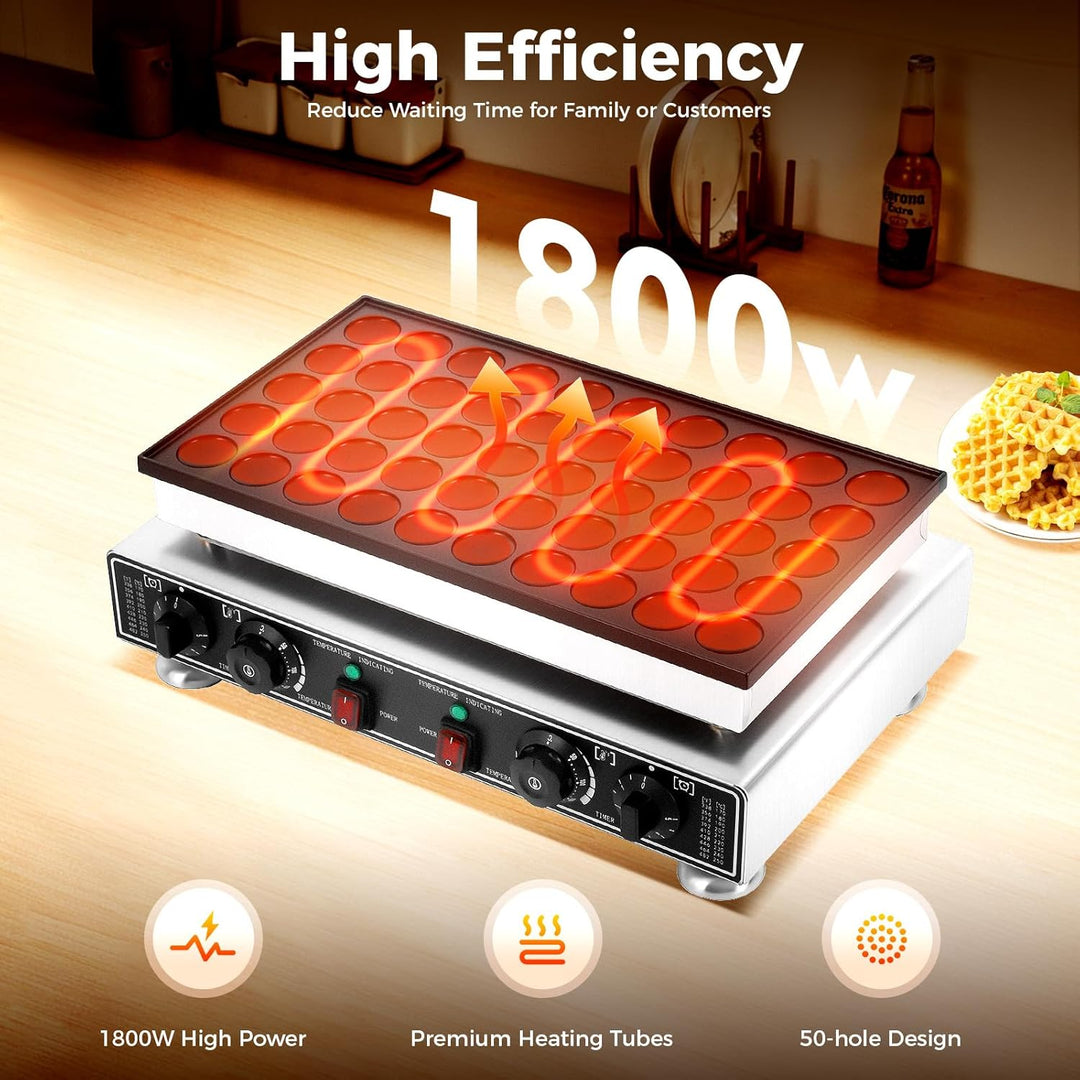 50-Loch Muffin-Maschine 1800W, Mini Dutch Pfannkuchenhersteller, Pufferchen für 50 runde Mini-Pfannk