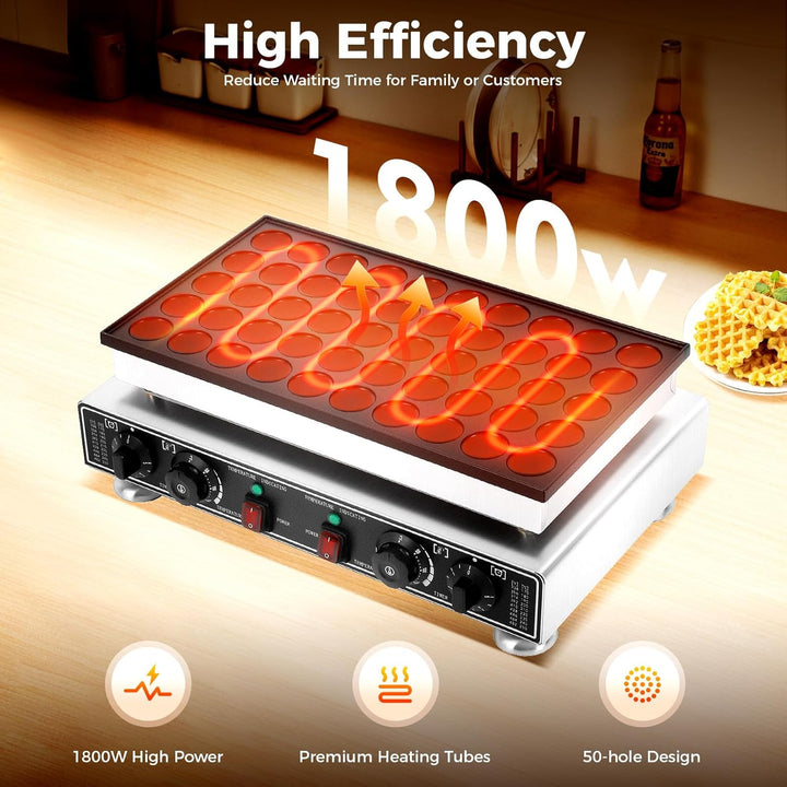 50-Loch Muffin-Maschine 1800W, Mini Dutch Pfannkuchenhersteller, Pufferchen für 50 runde Mini-Pfannk