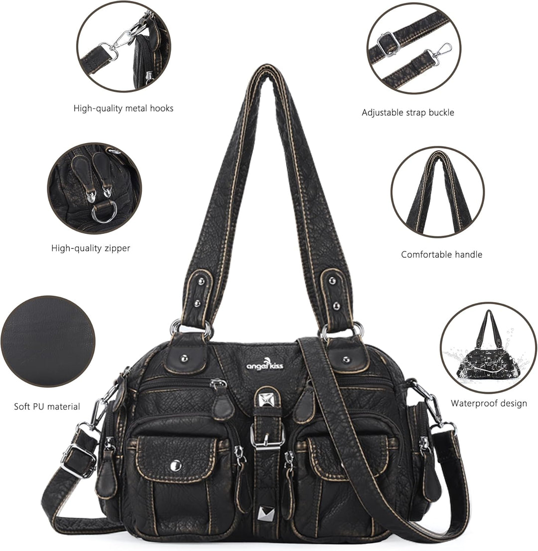 Angel Kiss Damen Handtasche 2 Hauptfächer Multifunktional Weich PU Leder mit Reissverschluss Elegant