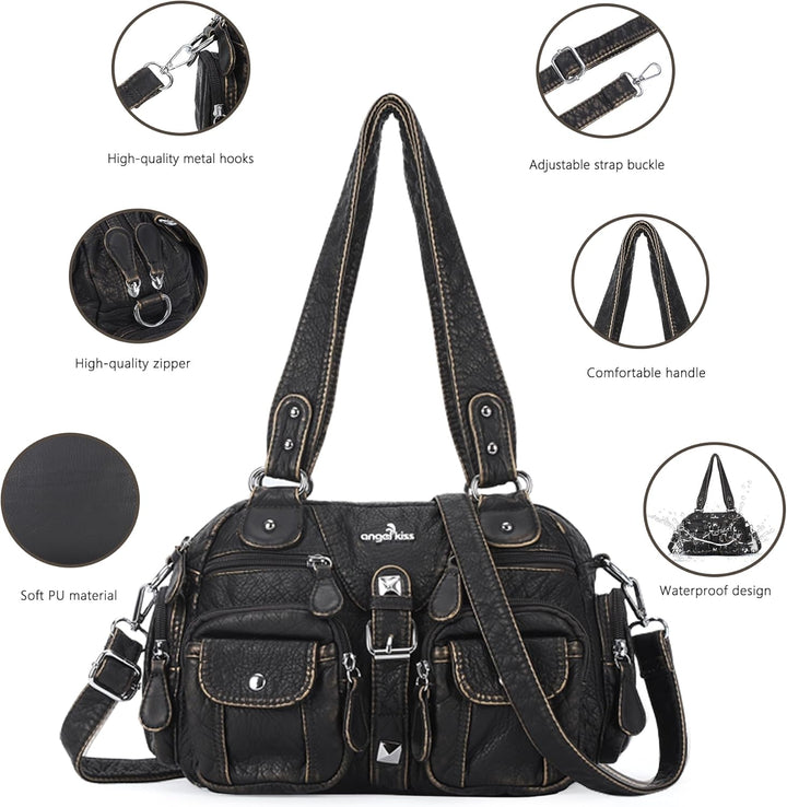 Angel Kiss Damen Handtasche 2 Hauptfächer Multifunktional Weich PU Leder mit Reissverschluss Elegant