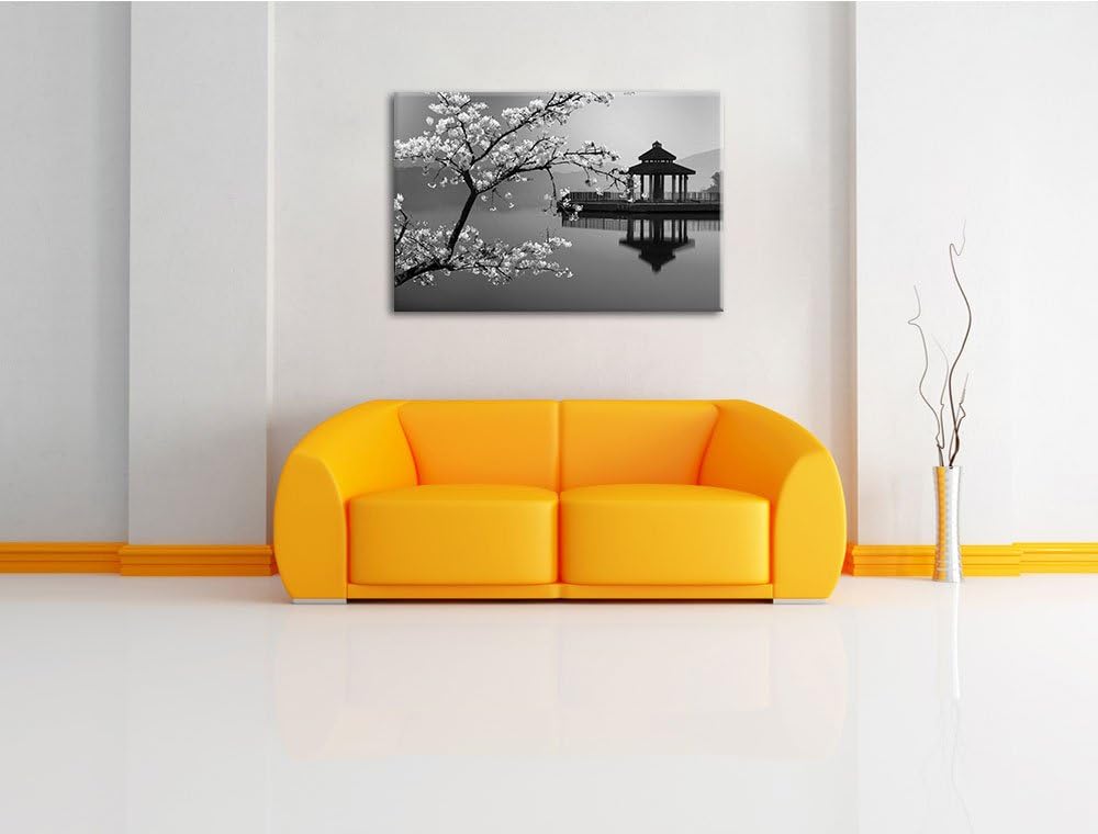 schöner Kirschbaum an japanischem See schwarz/weiss Format: 100x70 auf Leinwand, XXL riesige Bilder
