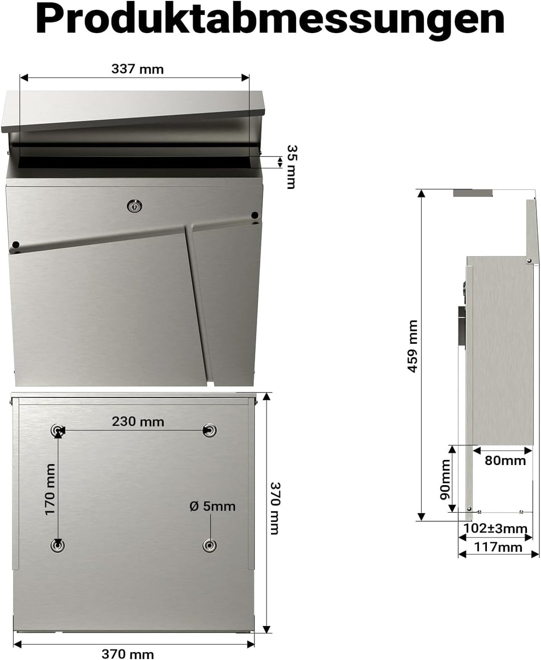 Wiltec Designer Briefkasten V23 Edelstahl 370 x 102 x 370 mm, Wandbriefkasten mit Schloss und Zeitun