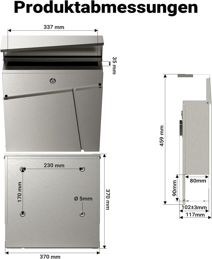 Wiltec Designer Briefkasten V23 Edelstahl 370 x 102 x 370 mm, Wandbriefkasten mit Schloss und Zeitun