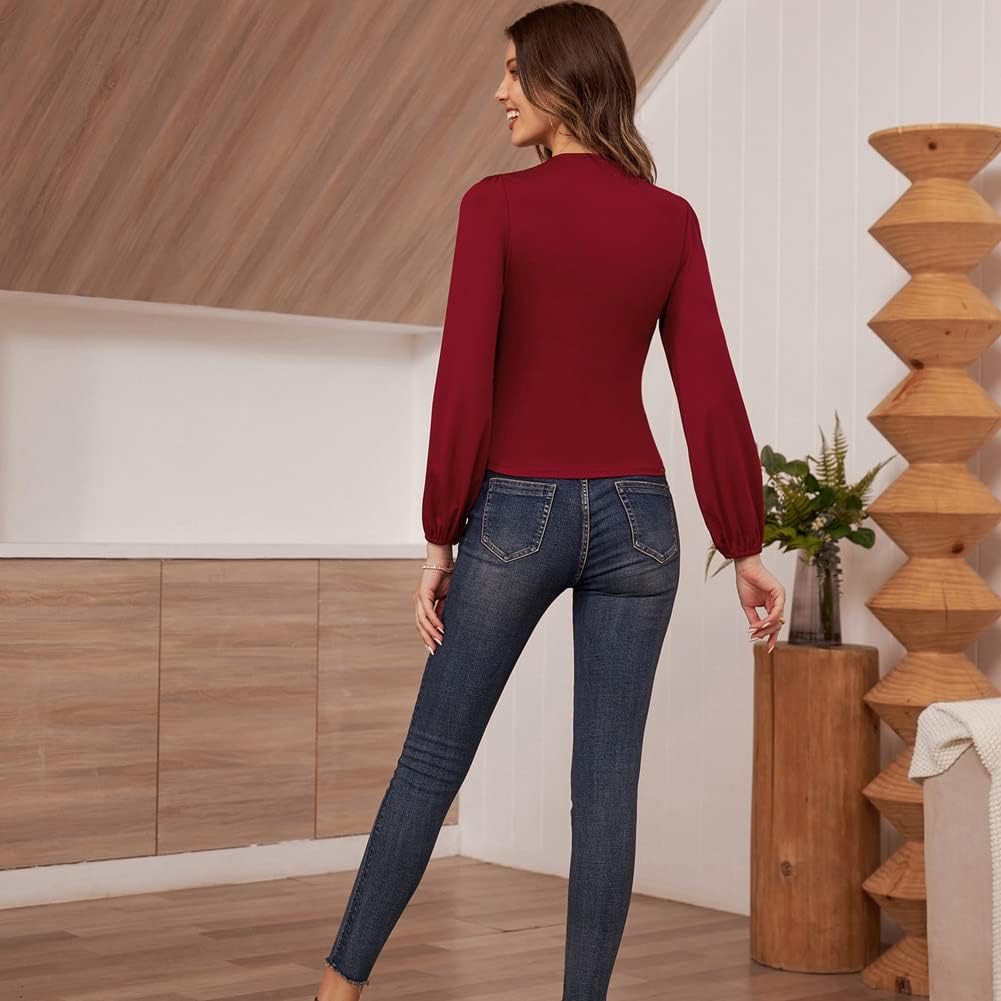 GRACE KARIN Damen V-Ausschnitt Bluse Elegant Wickelbluse Laterne Langarm Slim Fit Plissee-Top Tunika
