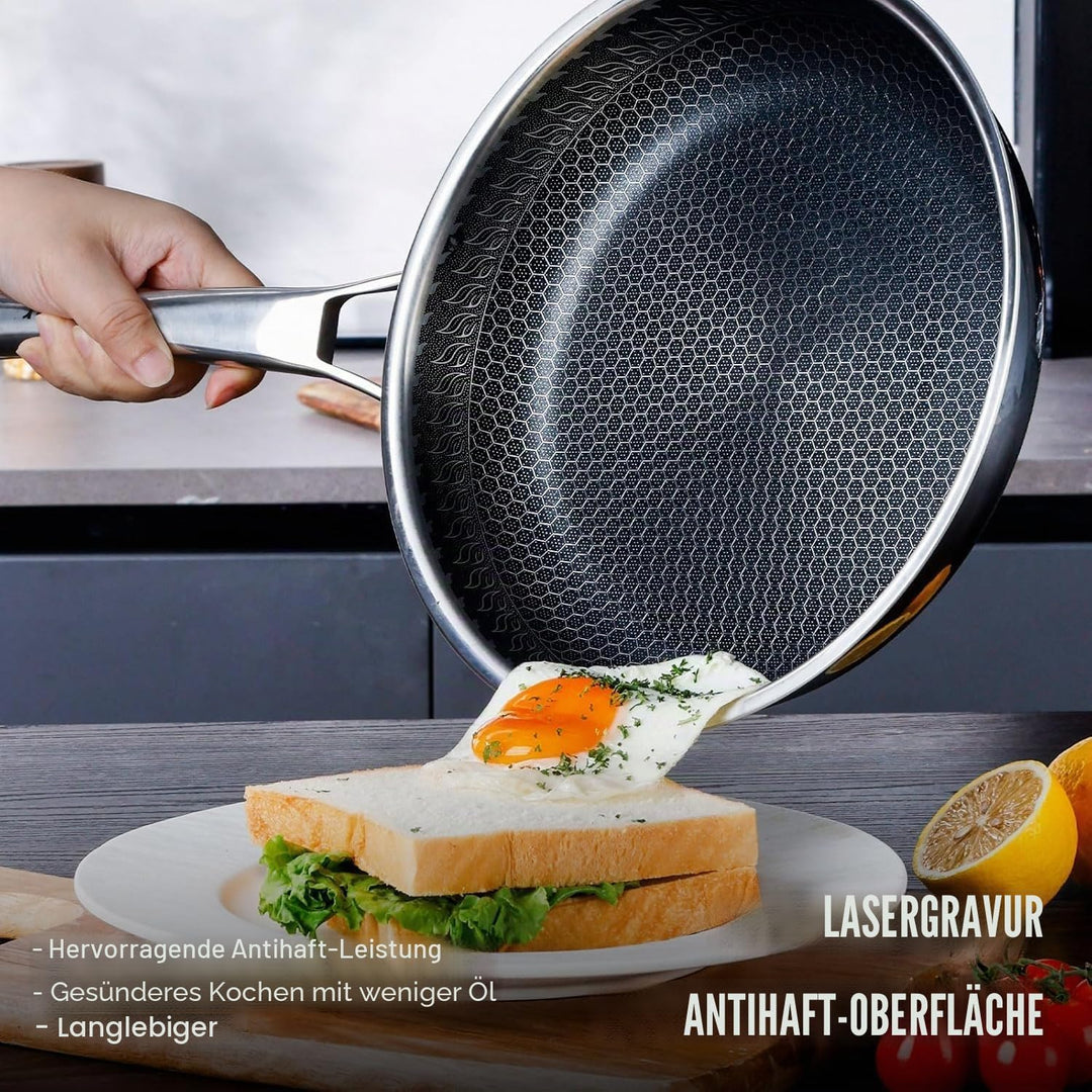 Edelstahlpfanne 24 cm mit Deckel, 3-Schicht Antihaft Wabenpfanne, ergonomischer Edelstahlgriff, Edel