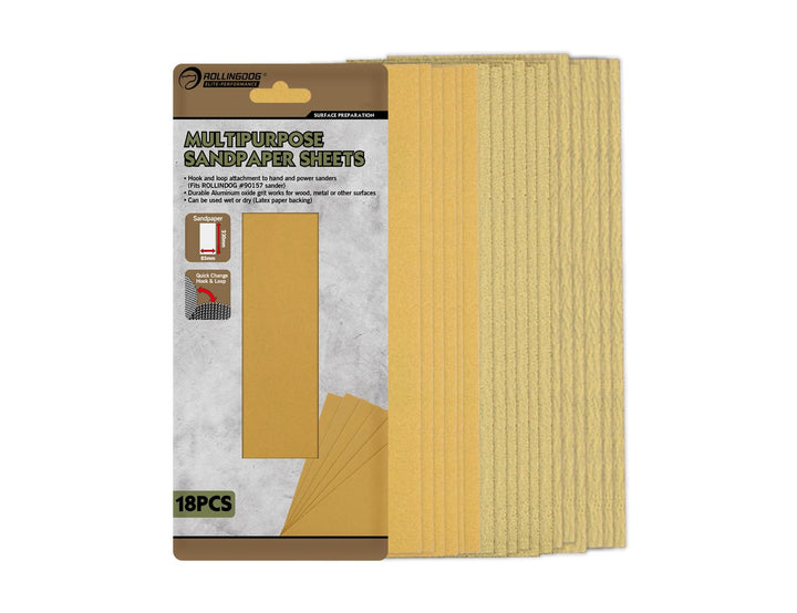 ROLLINGDOG Schleifpapierbögen – 18 Stück (Körnung 80, 120, 240), Klett-Schleifpapier für Holz, Metal