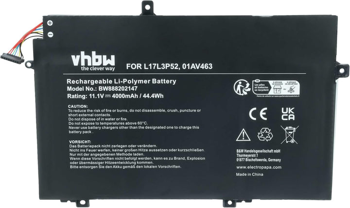 vhbw Akku kompatibel mit Lenovo ThinkPad E590 20NBA00GCD, E590-20NC0003GE, L490, L580 Notebook (4000