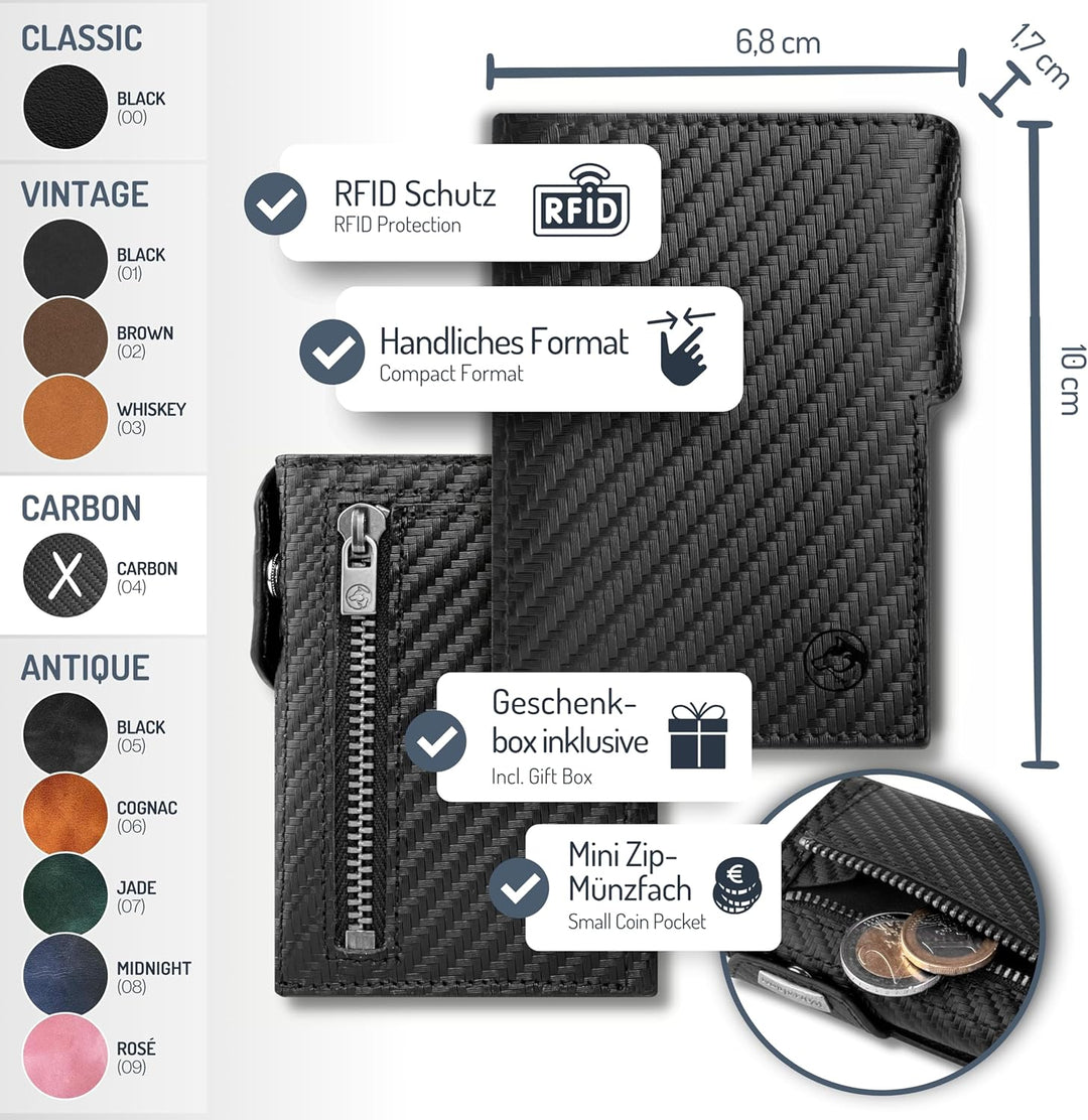 Wolfstrøm Slim Wallet 'Svente' I 11 Karten Mini Geldbörse Herren klein mit Münzfach, RFID Blocker I