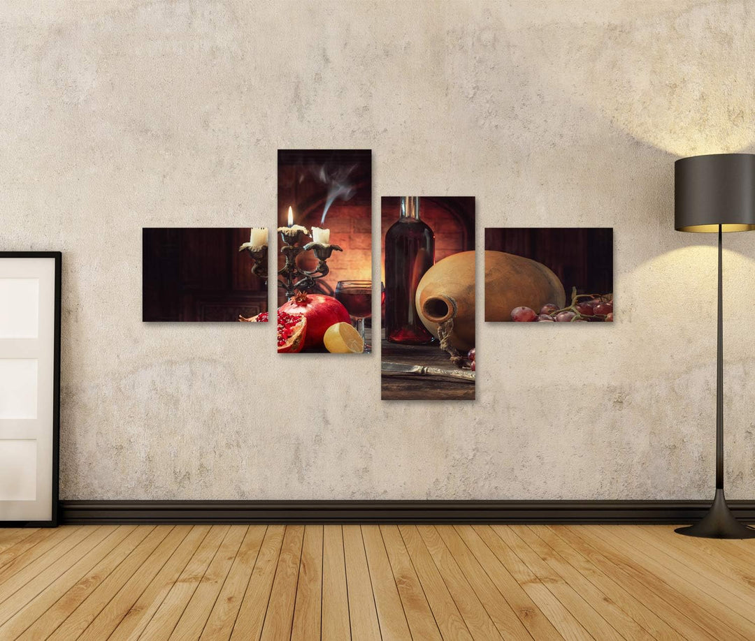 islandburner Bild auf Leinwand Stillleben Rustikaler Stil Obst Granatäpfel Trauben Zitrone Holztisch