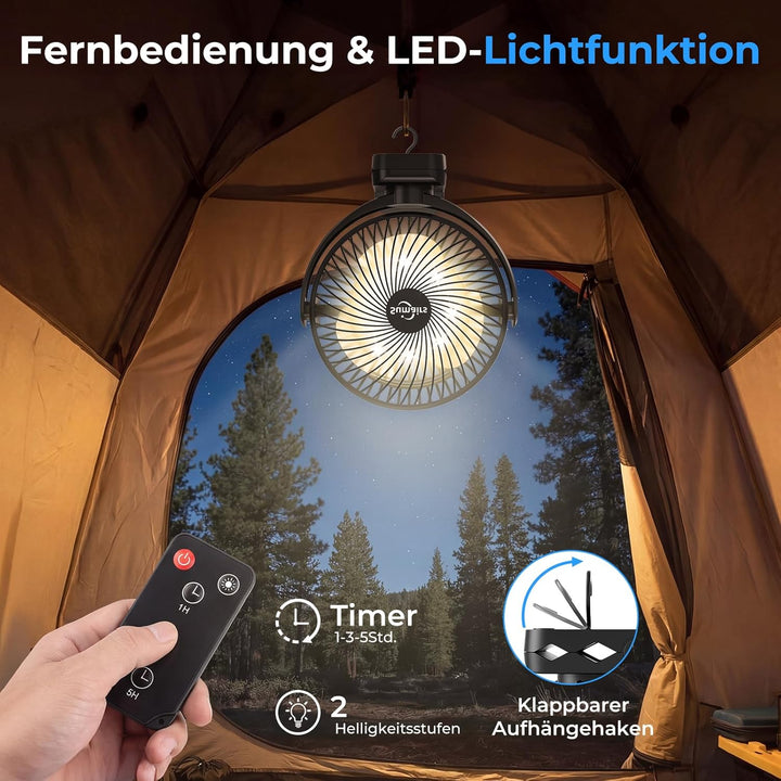 Sumairs 20cm Camping Ventilator,10000mAh Akku-Ventilator mit Fernbedienung & LED-Licht,Powerbank,3 G