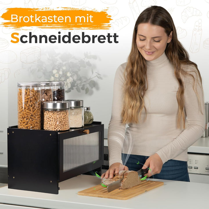 AH® Bambus Brotkasten holz mit Schneidebrett, Holz Brotkästen mit Belüftung- Elegant brotbox küche z