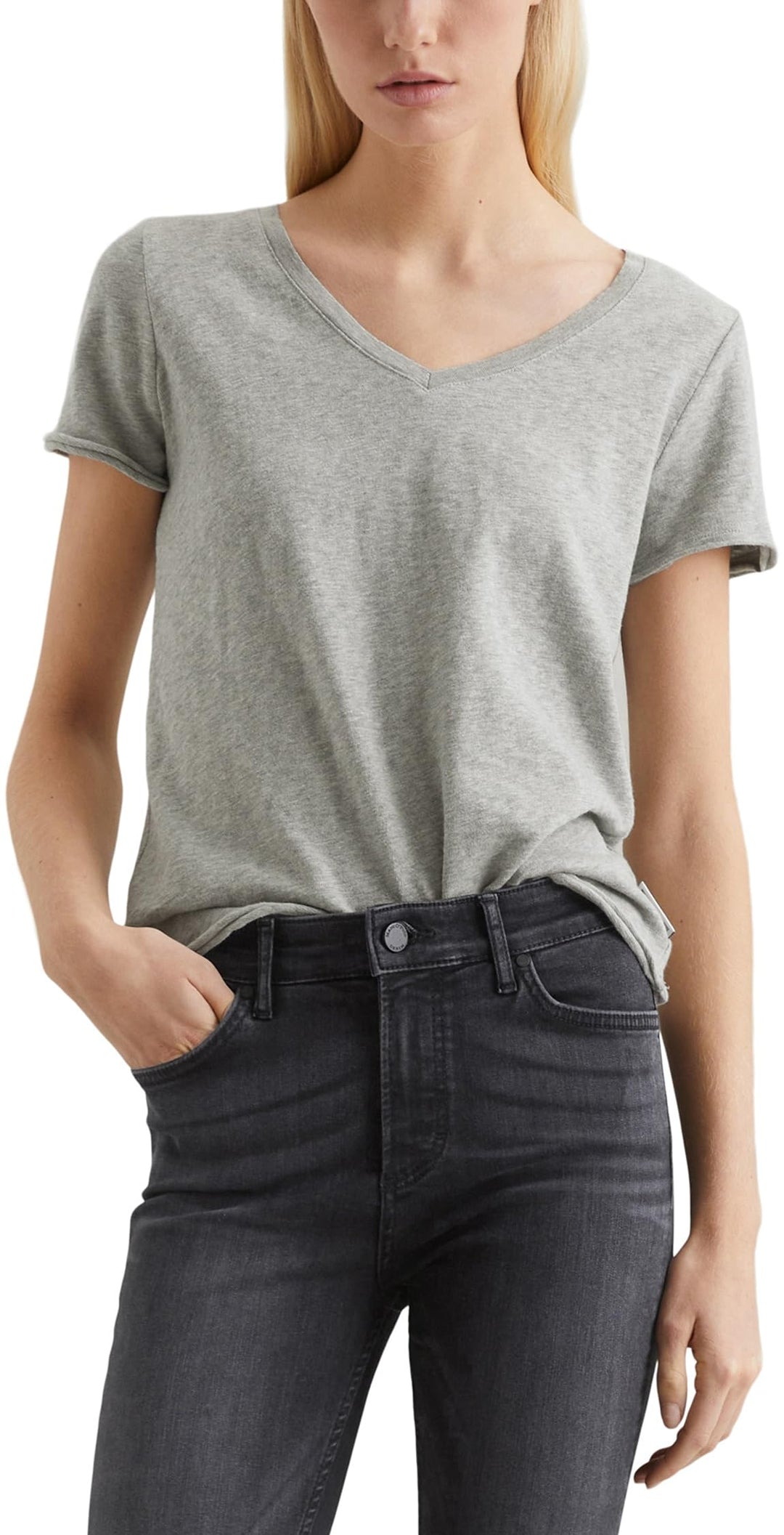Marc O'Polo Denim Damen T-Shirt aus Bio-Baumwolle mit V-Ausschnitt XXS Grau, XXS Grau