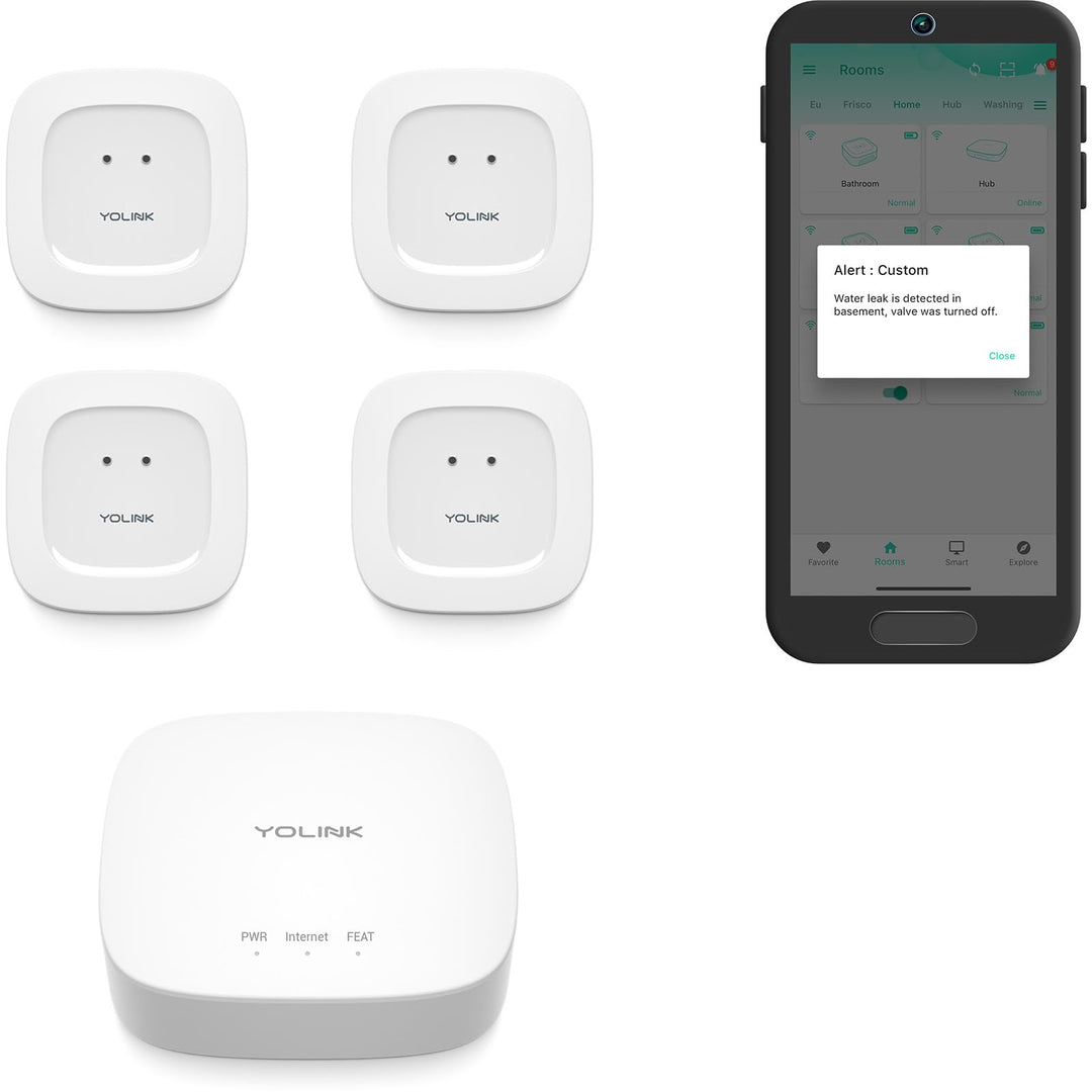 YoLink Smart Home Starter Kit: Hub & Wasserlecksensor, 4er-Pack, SMS/Text, E-Mail & Push-Benachricht