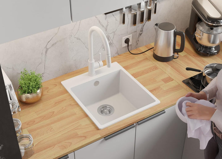 PRIMAGRAN Spülbecken Weiss 43x50cm, Granitspüle 1 Becken + Ablauf-Set, Küchenspüle ab 45er Unterschr