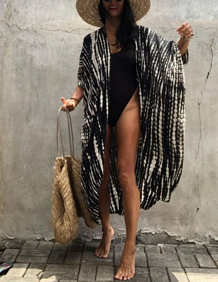 Damen Boho Strandkleid Badeanzug Bedecken Pareos Kimono Cardigan Maxikleid mit Gürtel Bluse Bikini C