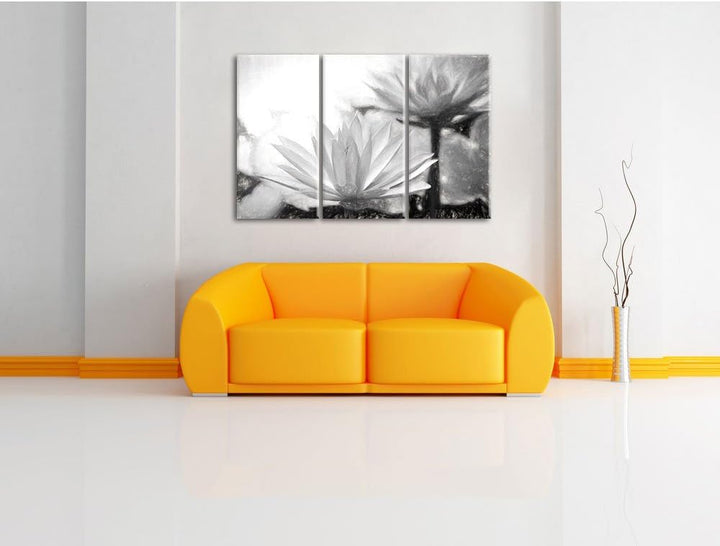 Pixxprint Lilafarbene Wasserlilie Kunst Kohle Effekt 3-Teiler Leinwandbild 120x80 Bild auf Leinwand