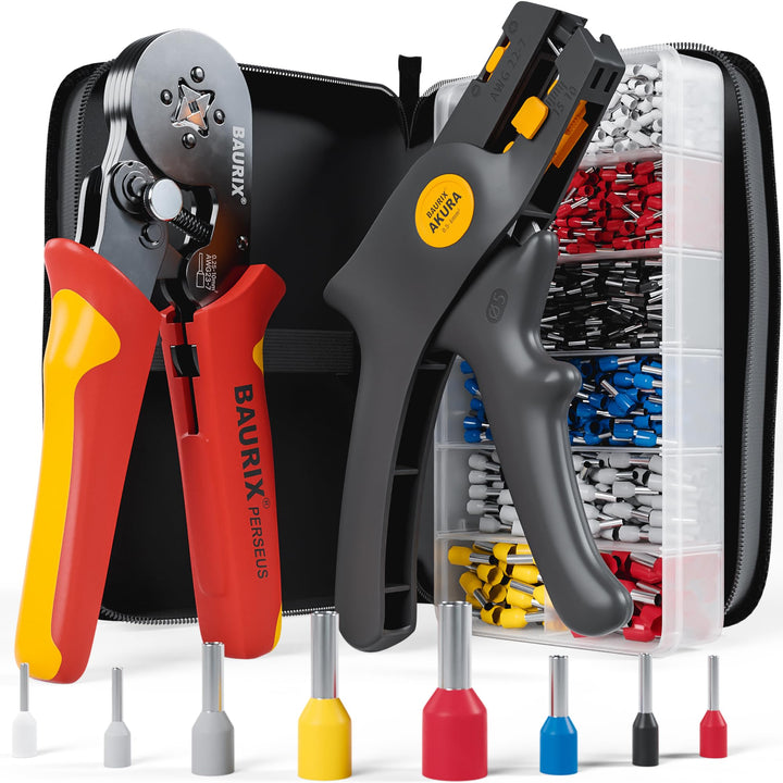 BAURIX® Crimpzange Set mit 1800 Aderendhülsen Set und Abisolierzange I Aderendhülsenzange selbsteins