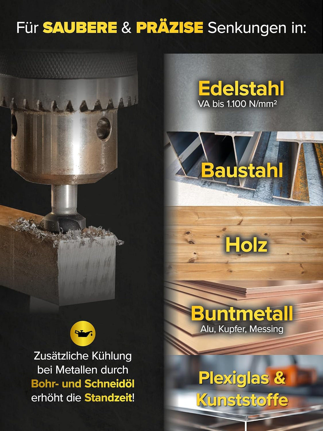 Kegelsenker Set AlTiN - Industrie Qualität - 90° Ø 6,3-20,5 mm - extra harter HSS E Co 5 mit Beschic