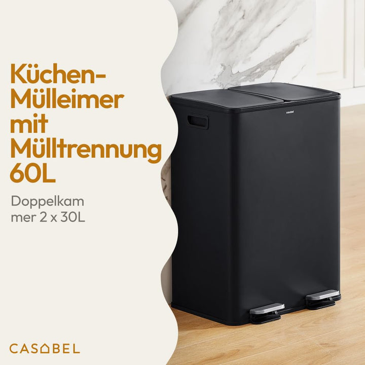 CASABEL Selektiver Sortierbehälter für Küchenabfälle 60L - 2 x 30 Liter, Doppelfächer, schwarzer Ede