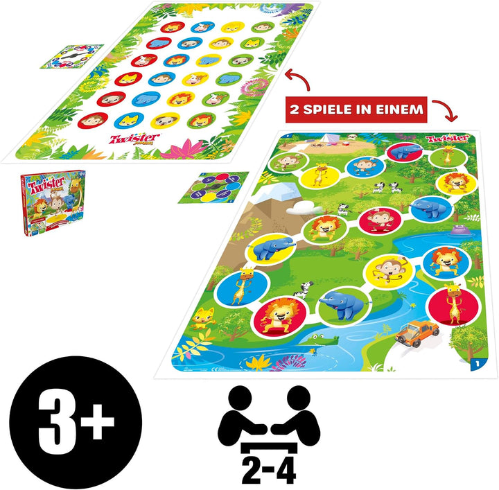 Hasbro Twister Junior Spiel, Tierisches Vergnügen, doppelseitige Matte, 2 Spiele in einem, Partyspie
