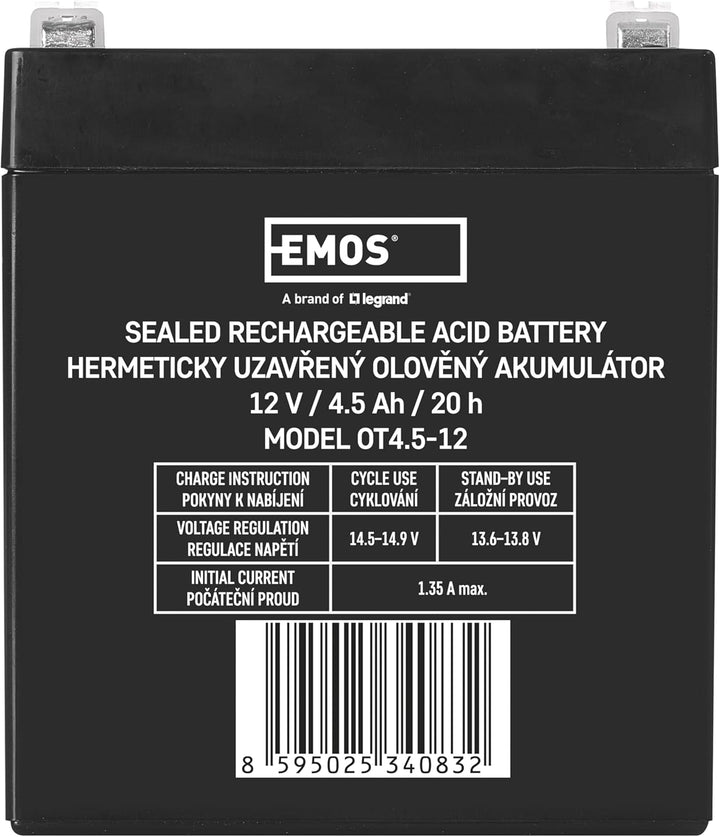EMOS - Wartungsfreier Bleiakku - 12V 4,5Ah - AGM Batterie - Faston 4,7mm Anschluss - Für Notbeleucht