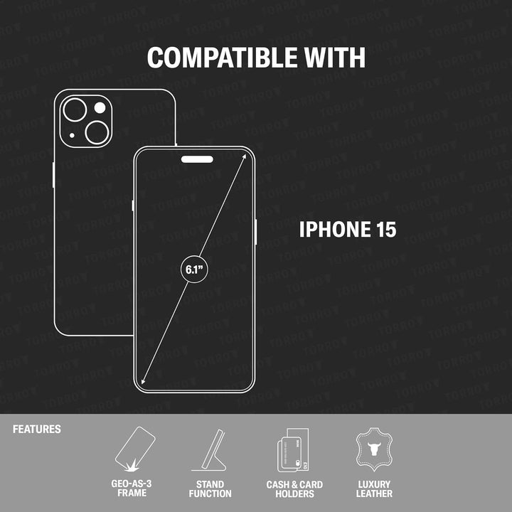 TORRO Hülle kompatibel mit iPhone 15 – Premium Lederhülle mit Standfunktion und Kartenfächern - Schw