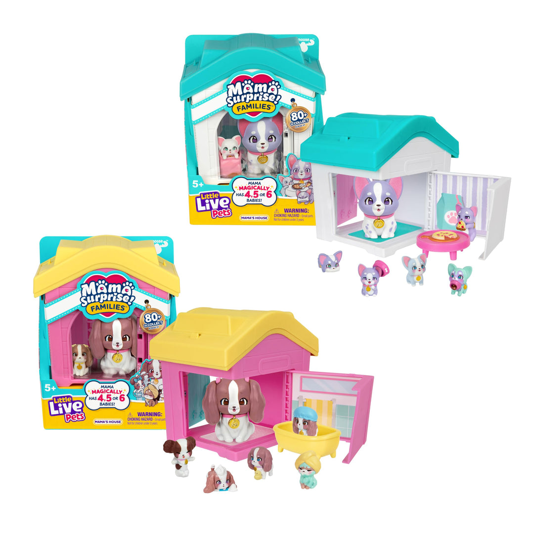 Little Live Pets Mama Surprise Families – Mamas Hütte-Packung, Bulldogge & Spaniel, 2 Hütten & Welpe