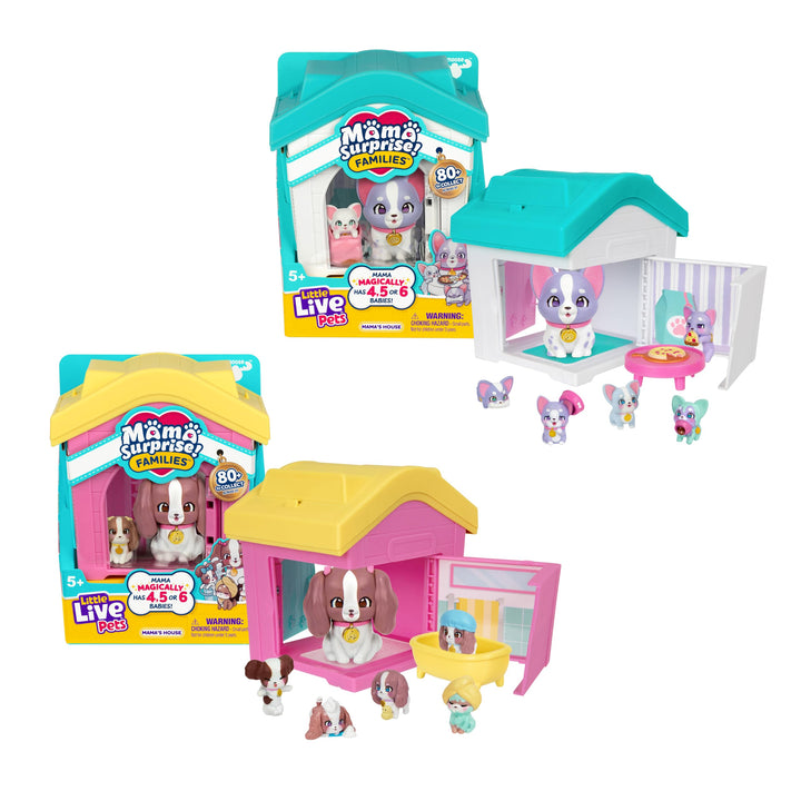 Little Live Pets Mama Surprise Families – Mamas Hütte-Packung, Bulldogge & Spaniel, 2 Hütten & Welpe