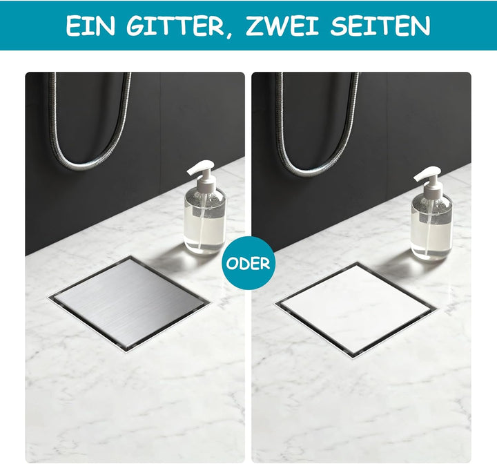 150 x 150 mm Duschrinne Quadratisch Edelstahl Bodenablauf mit 360° Siphon Geruchsstop, Haarfilter 2