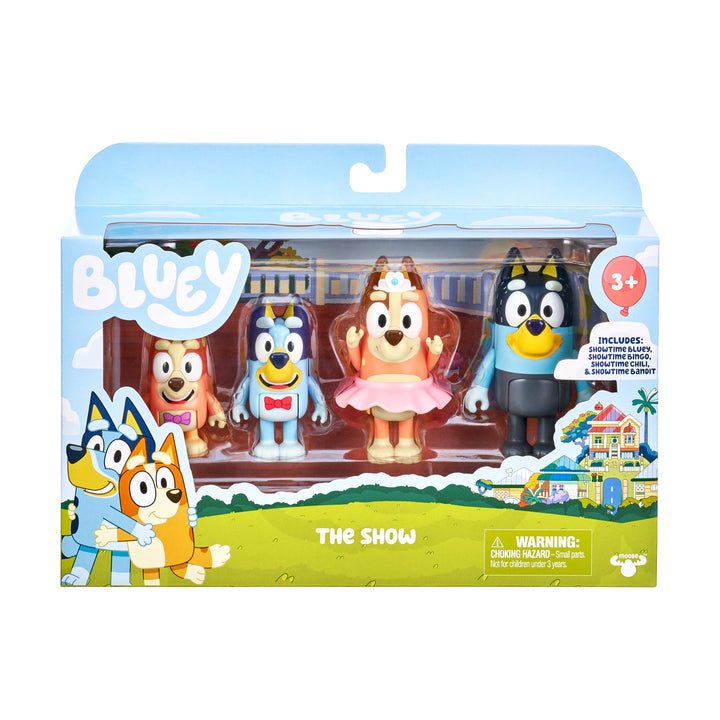 Bluey "The Show 4er-Pack 6,3–7,6 cm offizielle Actionfiguren, Bingo, Chili (Mama) und Bandit (Papa)
