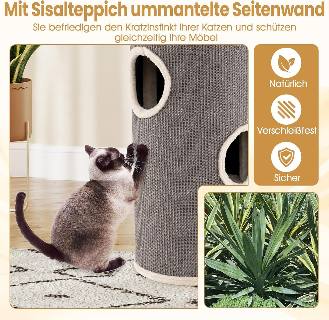 COSTWAY Kratztonne, Ø 36 cm, 70 cm hoch, Katzentonne mit Sisal-Kratzbrett, 3 Katzenhöhlen, Plüschbet