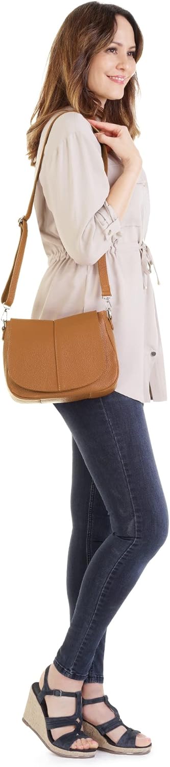 Umhängetasche Echt Leder Damen Made in Italy | Handtasche mit Deckelklappe | elegante Crossbody Bag