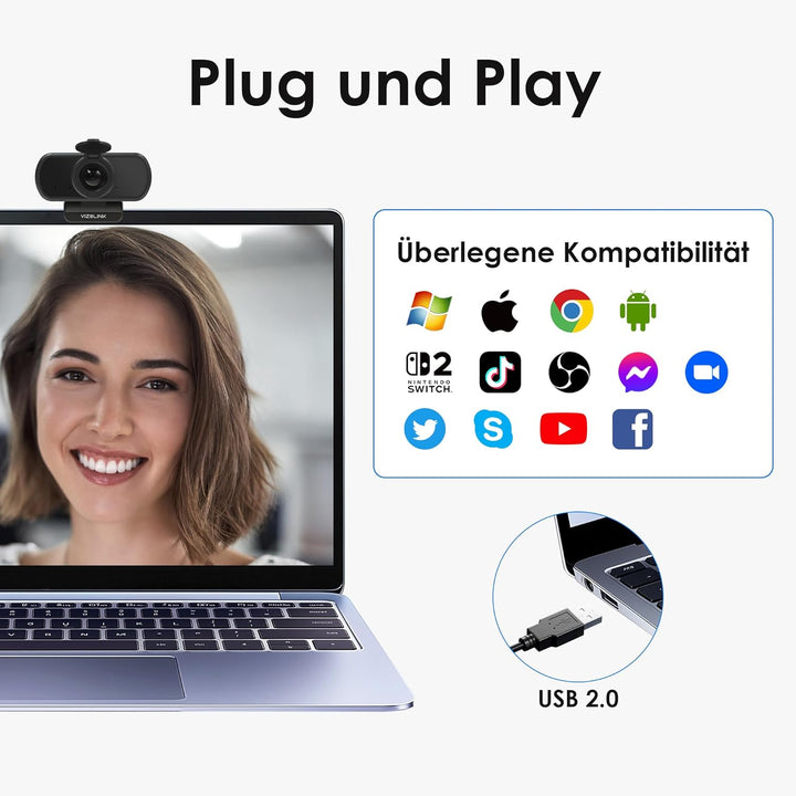 N21A Webcam Full HD 1080P/30PFS PC Kamera mit Dual Mikrofone, 100°Blickfeld, Belichtungskorrektur, F