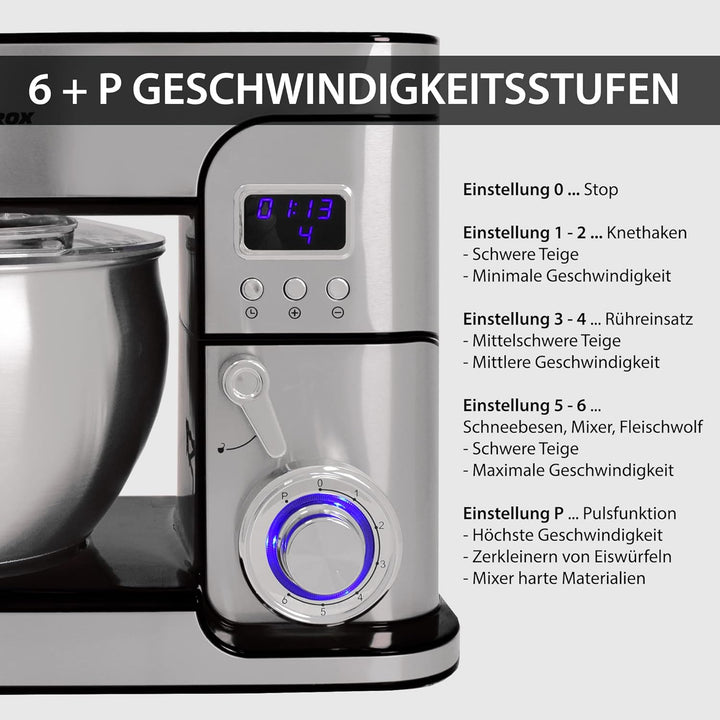 Syntrox Germany KM-1300W de Luxe Marseille Küchenmaschine Knetmaschine Mixer, Edelstahl-Behälter, 6