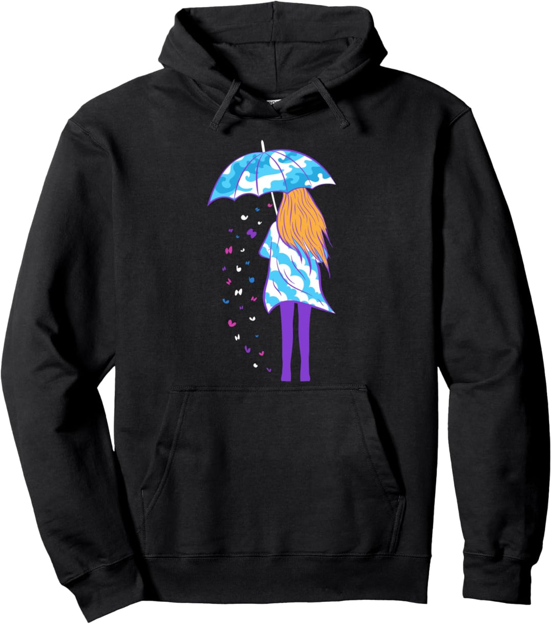 Mädchen mit Regenschirmwolken Wellen Schmetterlinge Kunst Pullover Hoodie