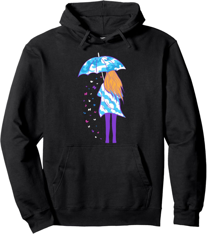 Mädchen mit Regenschirmwolken Wellen Schmetterlinge Kunst Pullover Hoodie