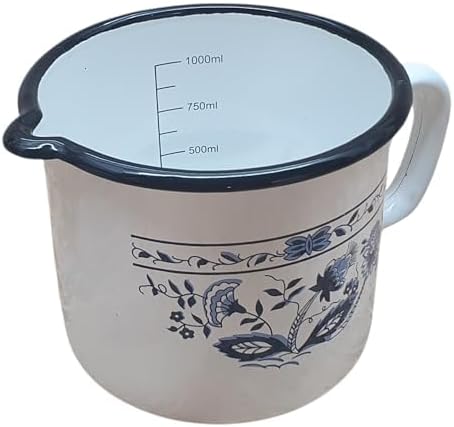 Milchtopf, Emaille, 1 Liter, Weiss mit Blauem Blumenmuster, mit Ausgiesser und Griff, Vintage-Stil