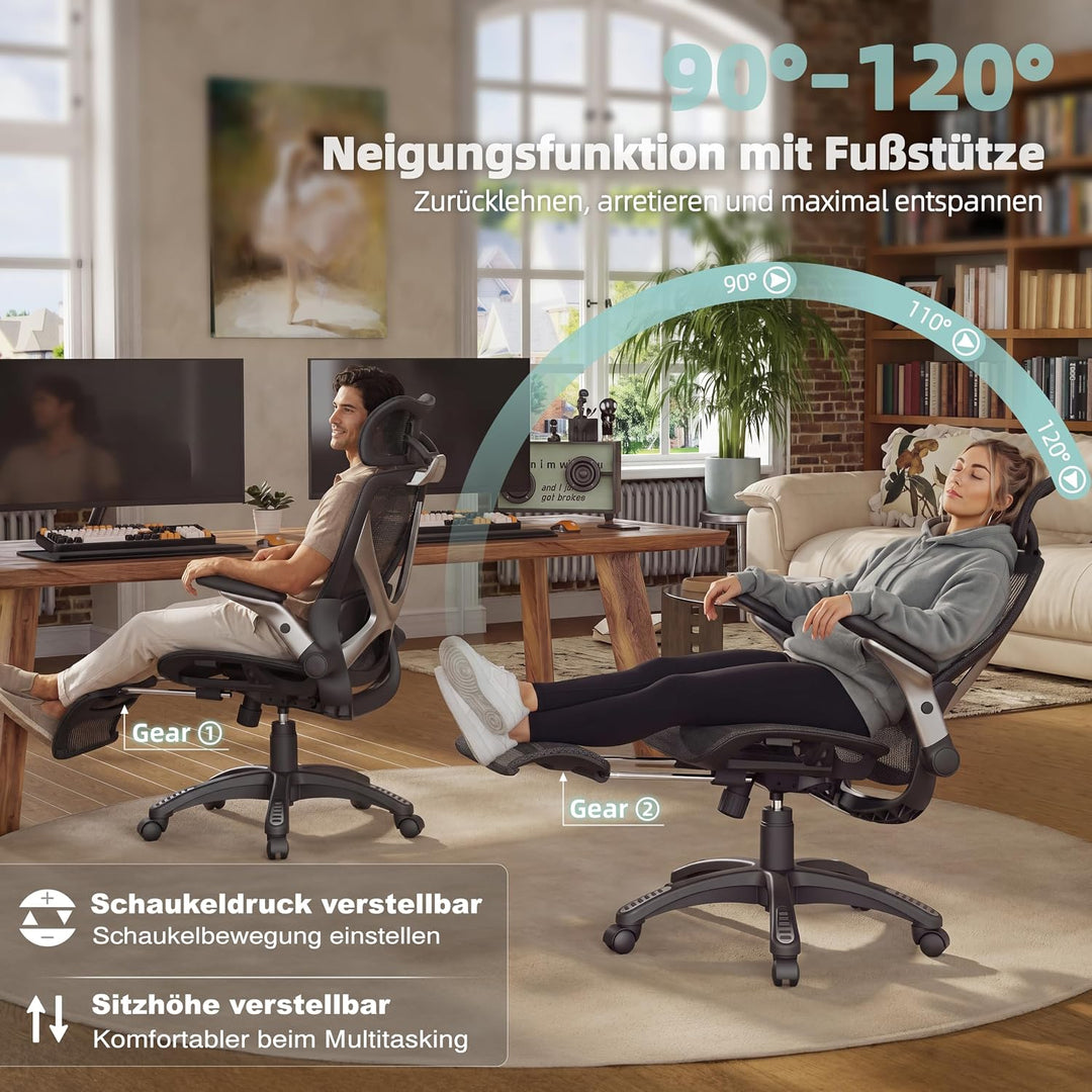 ELABEST X100 Ergonomischer Mesh-Bürostuhl mit Hoher Rückenlehne &amp; Fussstütze | 3D-Lordosenstütze, 12