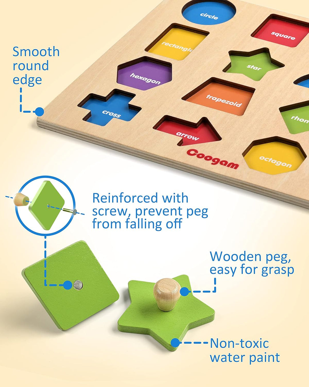 Coogam Montessori-Spielzeug, Holzform, Steckpuzzle, Feinmotorik, farblich passendes Sortierbrett, fr